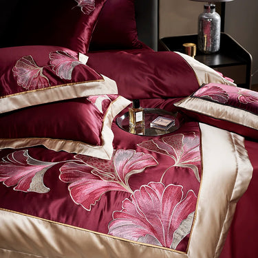 Luxury Red Gold Ginkgo Biloba 1000TC Egyptian Cotton Embroidered Bedding Set